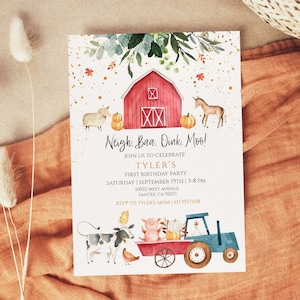 Farm animal pumpkin First Birthday Invitation boy | Editable fall Invite|Printable farm Birthday|boys Birthday Invitation Template| F001