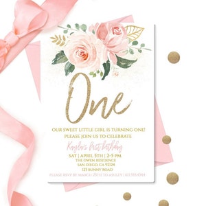 EDITABLE Blush Pink Floral Baby&#39;s First Birthday Party Invitation, Printable 1st Birthday Invite Template, Boho Girl, One Instant download