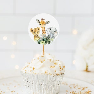 Safari Animal Cupcake Topper Ausschnitte Bearbeitbar, Topper druckbar, druckbare Mittelstück Ausschnitt, Dschungeltier grün Gold, SA2020