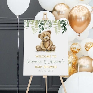 Cartello di benvenuto per baby shower a forma di orso, cartello di benvenuto per orsetto di peluche, cartello digitale modificabile, decorazione per baby shower, BB77