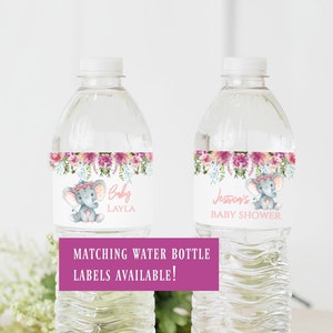 May include: Two clear plastic water bottles with pink and white labels. The labels feature a watercolor illustration of an elephant with a floral wreath and the text "Baby Layla" and "Jessica's Baby Shower".
