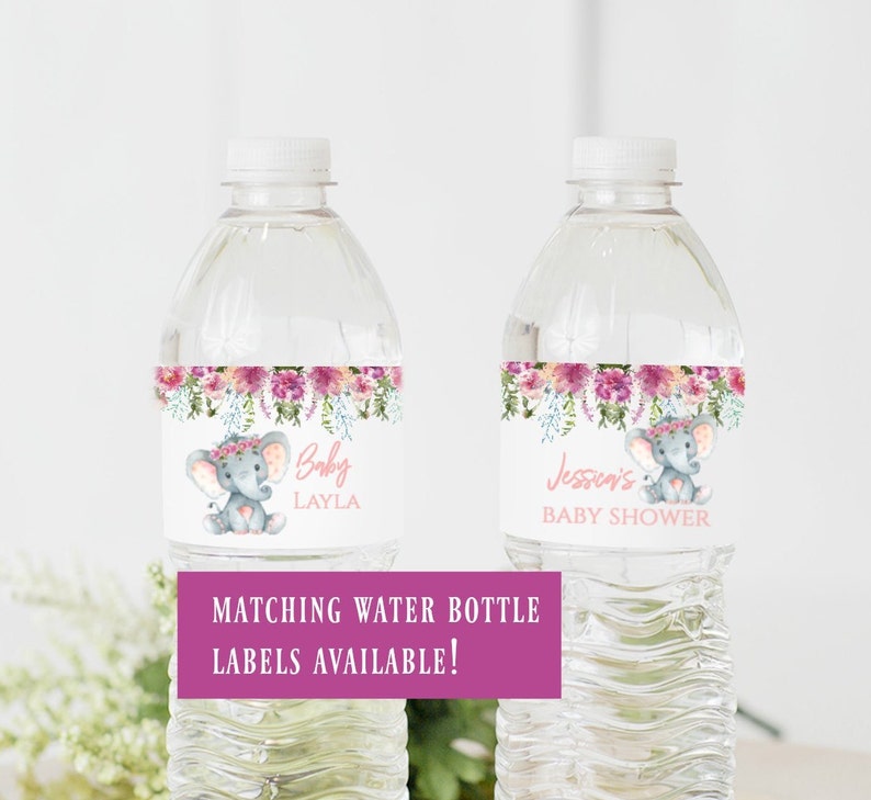May include: Two clear plastic water bottles with pink and white labels. The labels feature a watercolor illustration of an elephant with a floral wreath and the text "Baby Layla" and "Jessica's Baby Shower".
