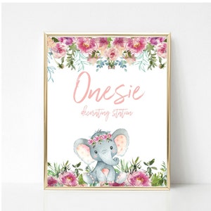 Elephant onesie Decorating Station Sign, Printable Baby Shower Sign, pink baby shower, floral elephant, girl baby shower, PM003