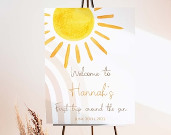 Boho Sunshine Birthday Welcome Sign, First Trip around the sun birthday party, Printable first birthday party decor, Sun Rainbow, SR001