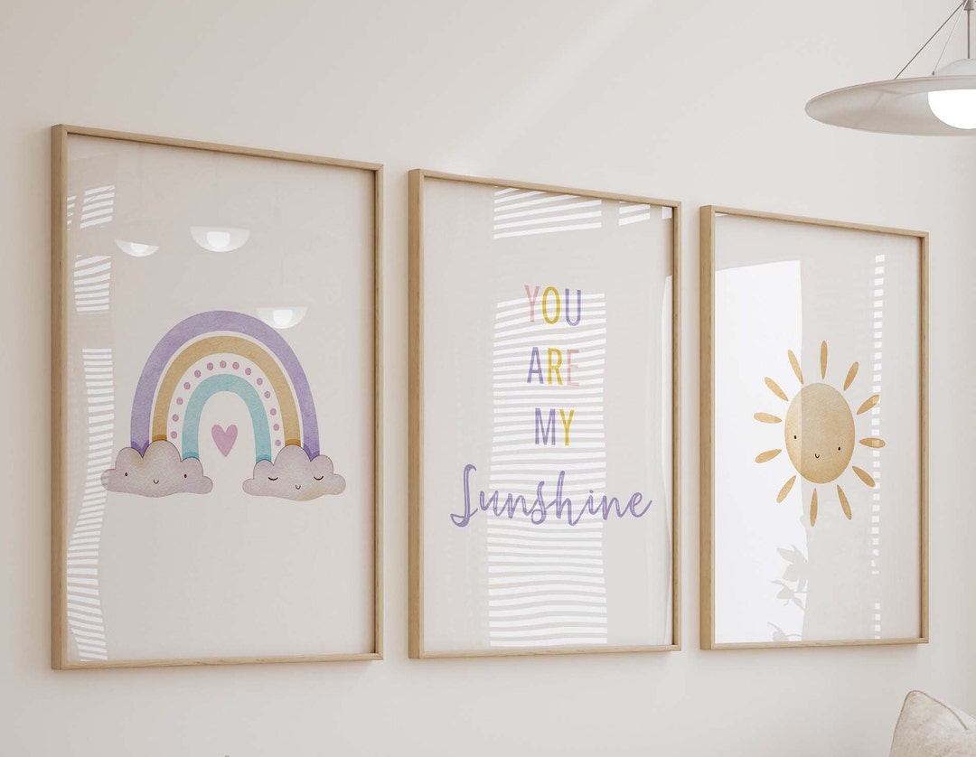 Rainbow Sunshine Nursery Prints, Pastel Rainbow Nursery Wall Art, Baby ...