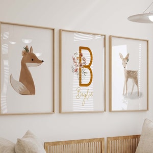 Boho Woodland Watercolor Prints, Personalized Floral Animal Nursery Wall Art, Girl&#39;s Room Decor, Set of 3 Art Prints Shipped, 256