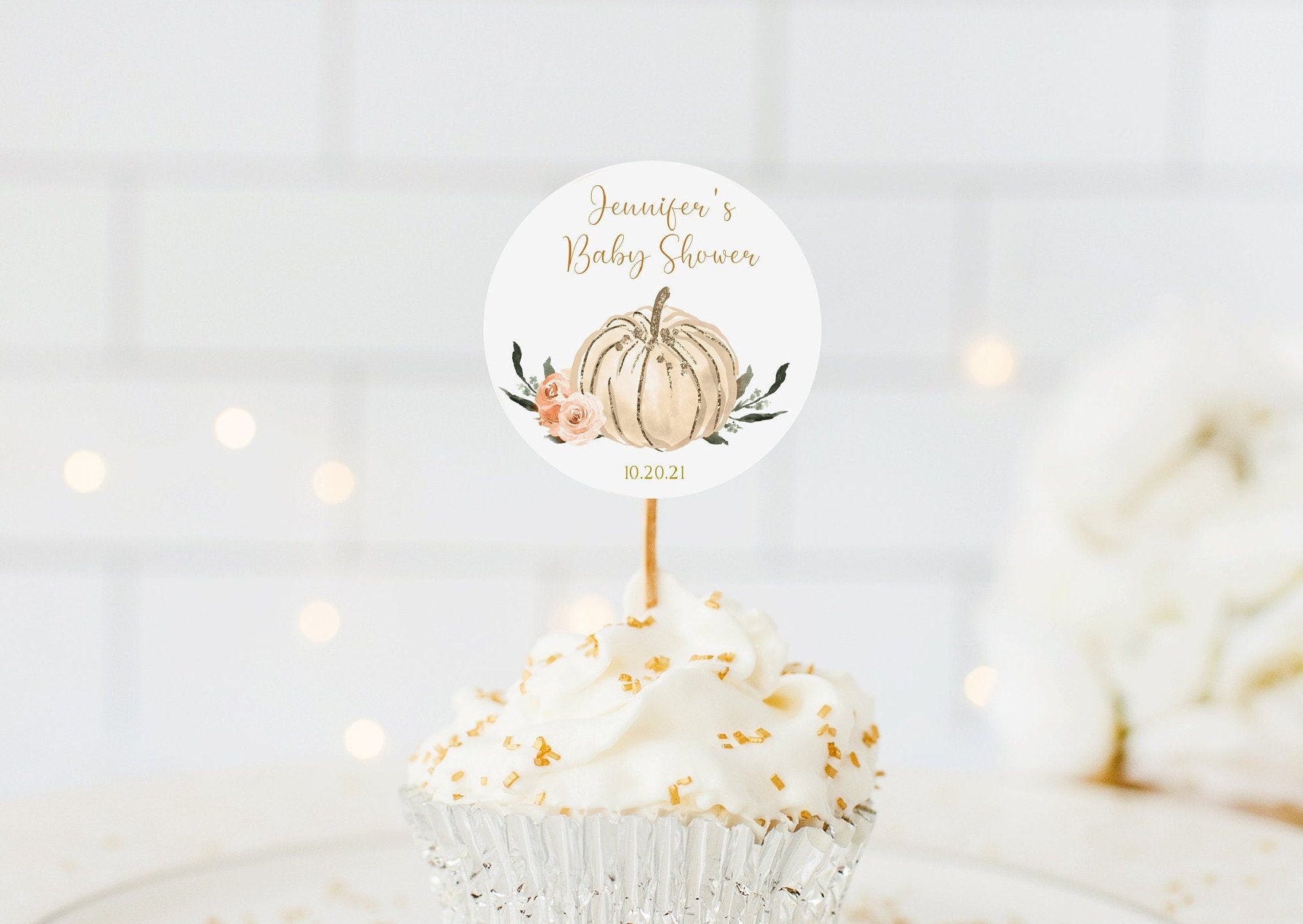 EDITABLE Pumpkin Cupcake Toppers Boho Little Pumpkin Baby Shower Decorations Fall Autumn gold Cake toppers Instant download