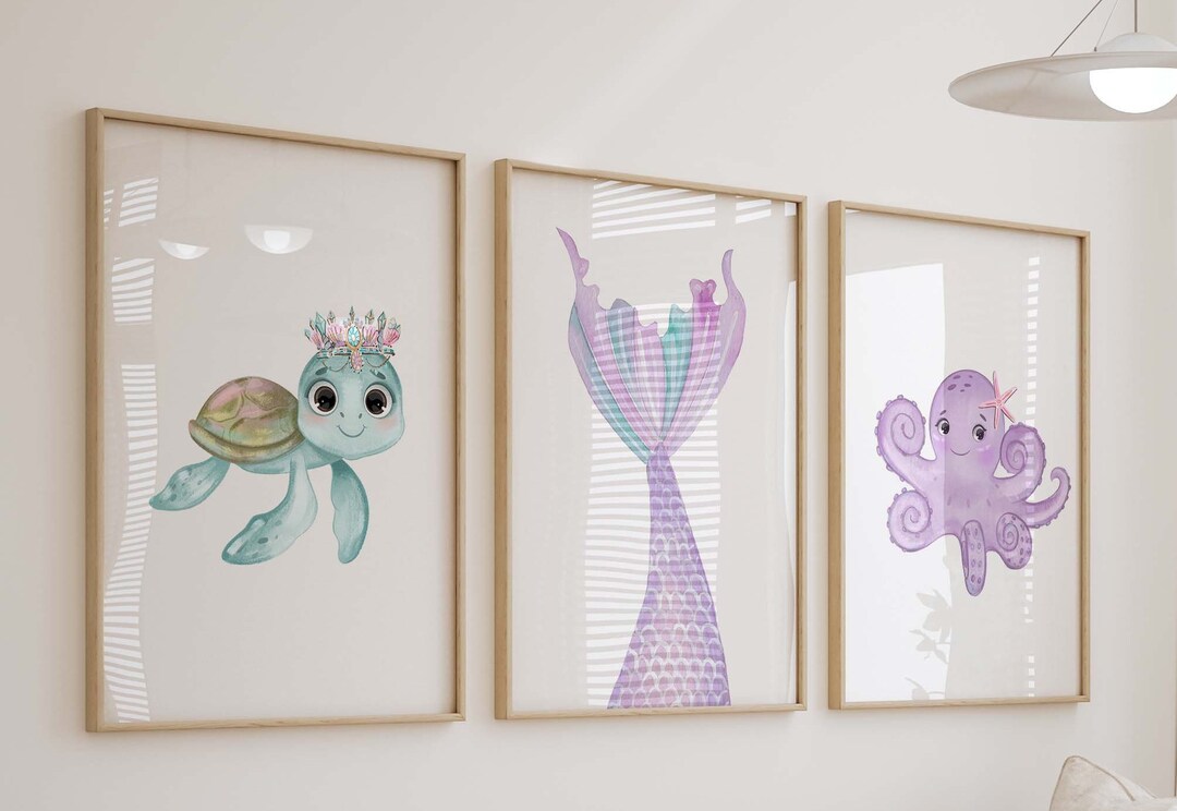 Mermaid Under the Sea Watercolor Prints, Set of 3 Nursery Wall Art ...