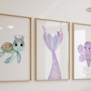 Mermaid Under The Sea Watercolor Prints, Set of 3 Nursery Wall Art, Girls Room Decor, Sea Turtle Octopus, Set of 3 Art Prints Shipped, 220