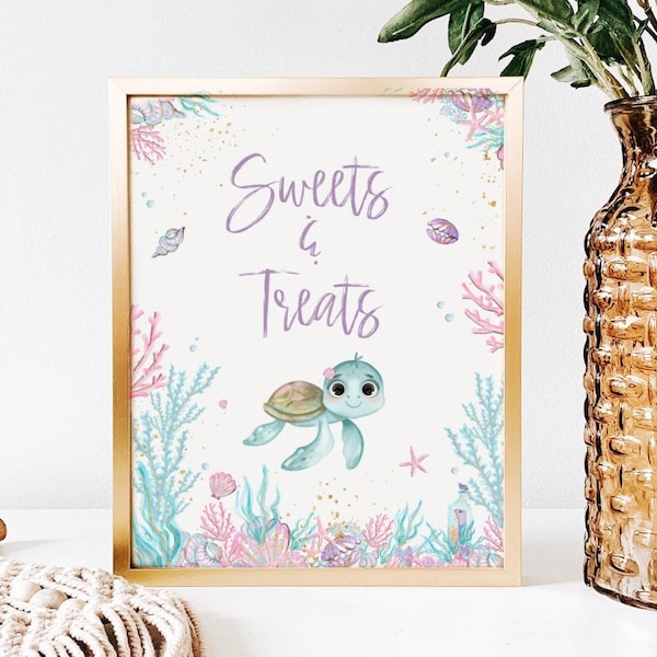 Pastel Mermaid Sweets & Treats Sign, Under the sea dessert table sign, Printable Digital, Beach Birthday, Floral Purple Teal, Summer,M2021