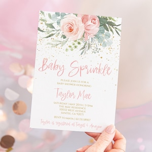 Blush Pink and Gold Floral Baby Sprinkle Invitation, Printable shower Invite Template, It's a girl, Boho Girl, greenery sage pm201