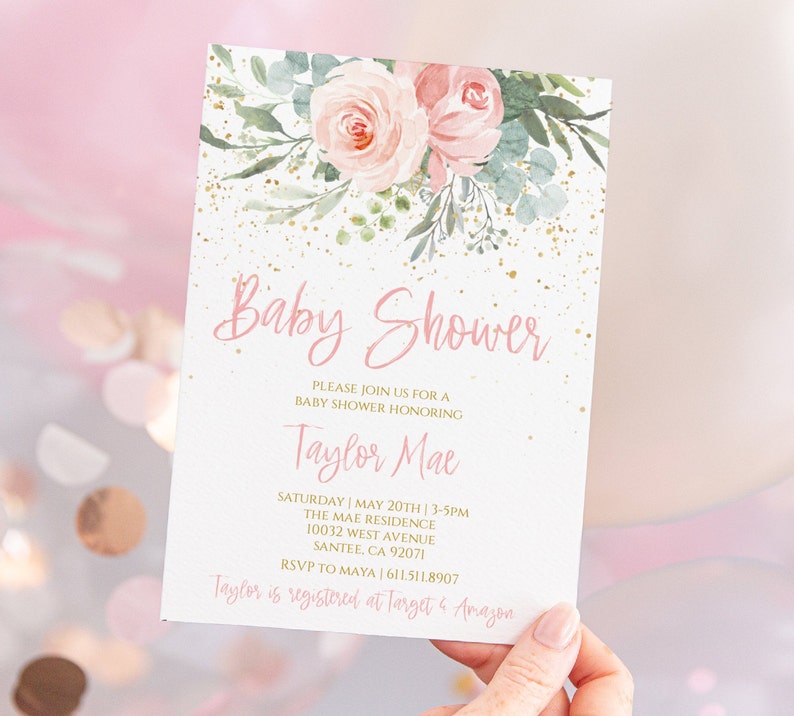 Blush Pink and Gold Floral Baby shower Invitation, Printable shower Invite Template, It's a girl, Boho Girl, greenery sage pm201 zdjęcie 1
