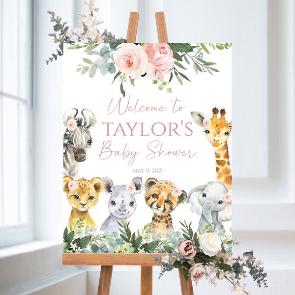Safari Baby Shower Welcome Sign Floral, Jungle welcome sign, baby shower zoo animal welcome sign, printable sign, Baby shower decor, SA2021