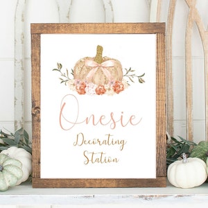 Strampelanzug Dekorieren Station Zeichen, druckbares Babypartyschild, Herbst-Babyparty, Blumen Kürbis, Mädchen-Babyparty, Herbst Strampelanzug Zeichen, PO001