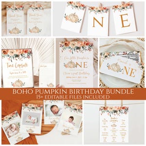 編集可能なボヘミアン パンプキン 1 歳の誕生日パーティー バンドル、小さなパンプキンの招待状、1 歳の誕生日セット、印刷可能、即時ダウンロード、15 以上のアイテム NP002