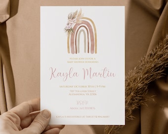 Modern Rainbow Baby Shower Invitation Girl | Editable Blush Rainbow Invite|Printable Rainbow Shower| Invitation Template |Boho, RB001