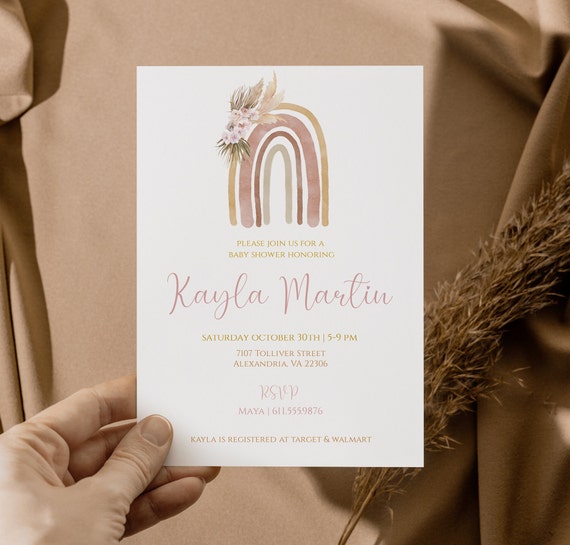 Modern Rainbow Baby Shower Invitation Girl | Editable Blush Rainbow Invite|Printable Rainbow Shower| Invitation Template |Boho, RB001