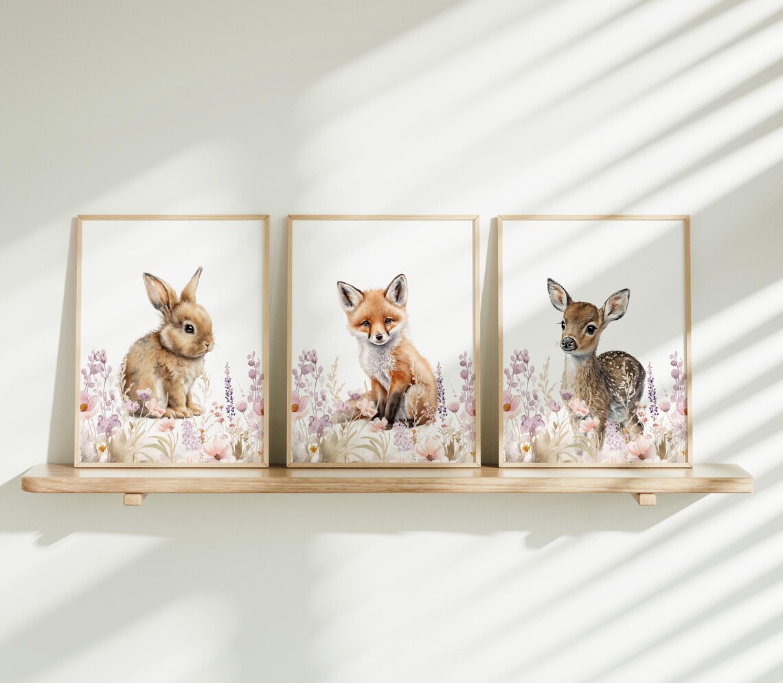 Floral Woodland Watercolor Prints, Girl Animal Nursery Wall Art, Girl's ...