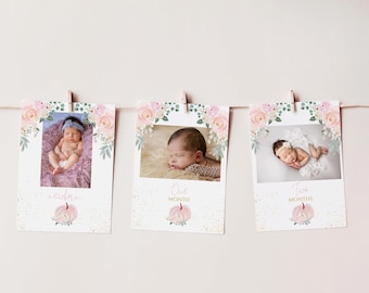 May include: Three white cards with pink floral designs and gold glitter. Each card has a photo of a baby and text that says "newborn", "one month", and "two months".