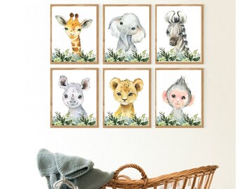 Set of 6 Safari Animal Prints,Nursery Wall Decor,Watercolor Jungle Animals,Digital Download,Baby Shower Gift green,Printable Theme Idea n001