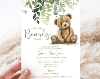 EDITABLE Bear Baby Shower Invitation | We Can Bearly Wait Bear Invite | Greenery Teddy Bear |  |  Printable Template or Printed | BB77