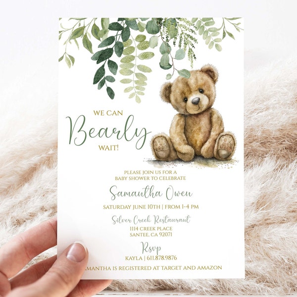 Invitation de fête de naissance d'ours MODIFIABLE | Nous pouvons attendre l'invitation d'ours | Ours en peluche de verdure | | Modèle imprimable ou imprimé | BB77