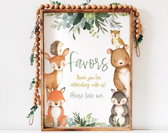 Woodland Animal Favors sign, Baby Shower Favors, Sage Greenery Gold, , baby shower table sign boy, Forest Animal baby shower, wood001