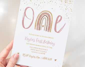 Modern Rainbow First Birthday Invitation | Editable Rainbow Invite|Printable Rainbow Birthday|Girls Birthday Invitation Template |Boho, R001