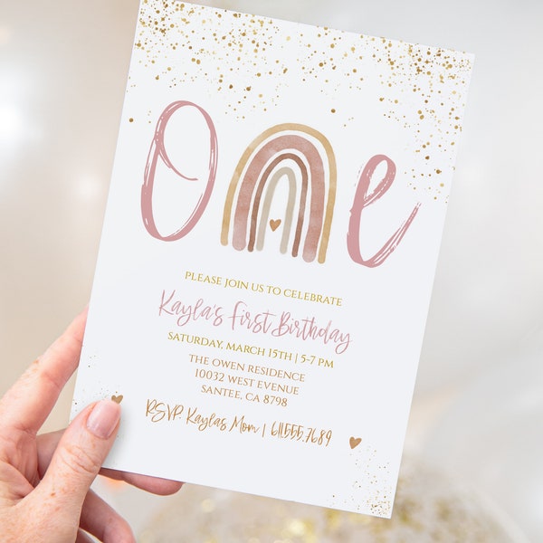 Moderne Regenbogen Erste Geburtstagseinladung | Bearbeitbare Regenbogeneinladung|Druckbarer Regenbogen Geburtstag|Mädchen Geburtstagseinladung Vorlage|Boho, R001