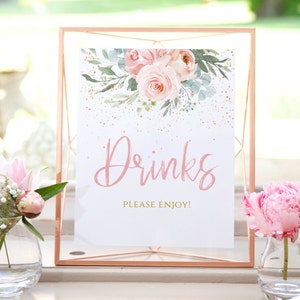 Blush Pink Floral Drinks sign, Drink Station, pink Gold floral, boho baby shower sign girl, girl baby shower,Pm201