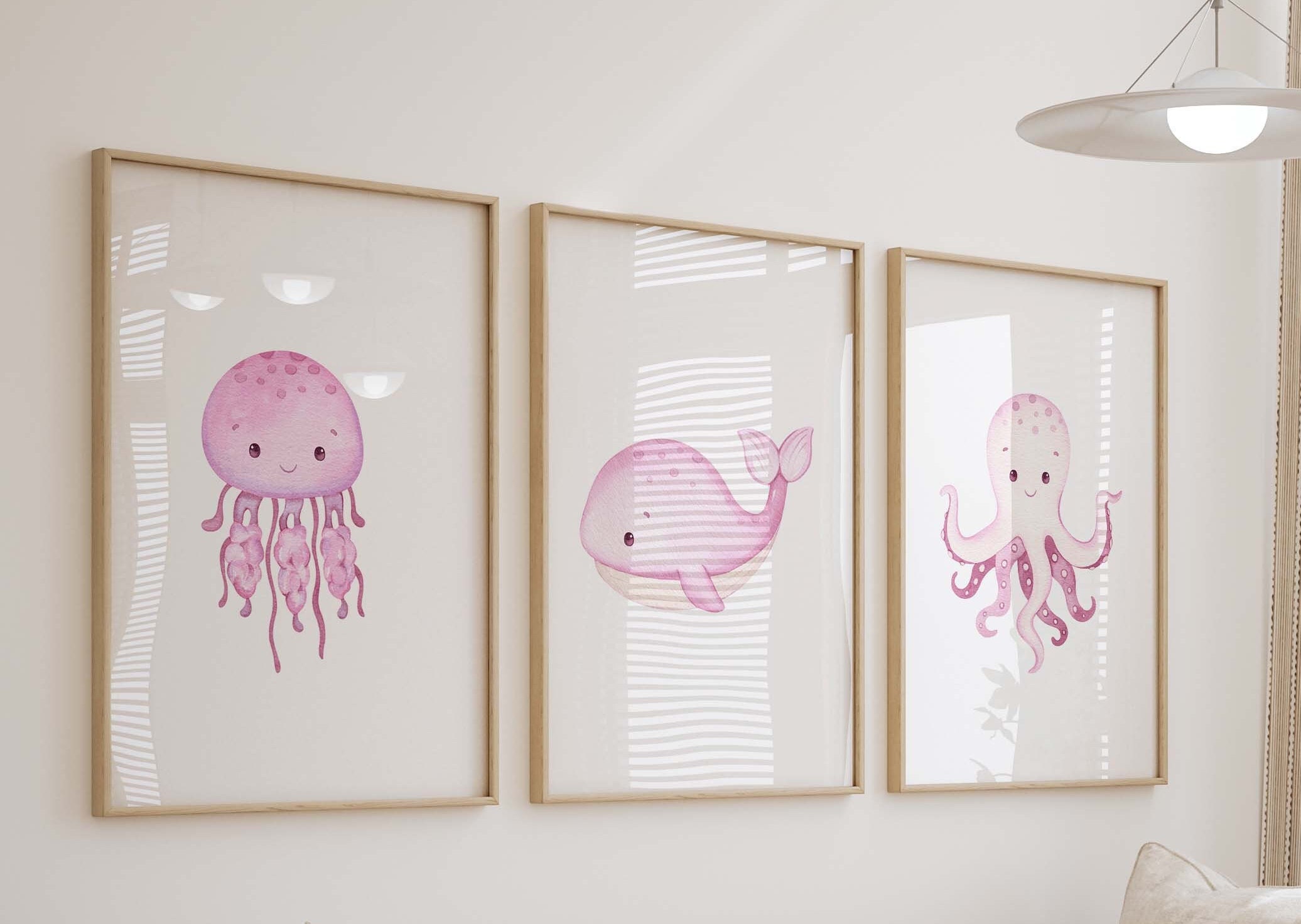 Pink Under the Sea Watercolor Prints, Set of 3 Nursery Wall Art, Girl ...
