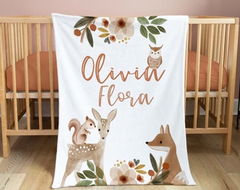 Woodland Floral Baby Blanket/Floral Animal Baby Bedding Girl/Personalized Baby Blanket/Baby Gift / Blanket Girl