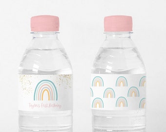 EDITABLE Boho Rainbow water bottle labels, Modern Rainbow Birthday, Muted Rainbow water bottle, Rainbow Birthday decorations, R003