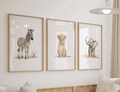 Safari Jungle Animal Watercolor Prints, Set of 3 Nursery Wall Art, Boy Room Decor, Zoo Animal Art Prints Shipped, Lion, Zebra, Elephant, 224