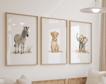 Safari Jungle Animal Watercolor Prints, Set of 3 Nursery Wall Art, Boy Room Decor, Zoo Animal Art Prints Shipped, Lion, Zebra, Elephant, 224