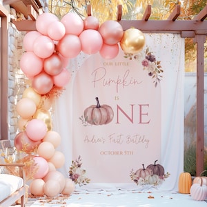 Toile de fond anniversaire citrouille fille, automne floral rose Muave, enseigne citrouille personnalisée, toile de fond imprimée, décoration d'anniversaire, accessoire photo, 707