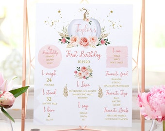 May include: A pink and white pumpkin with floral accents and gold glitter. The text "Taylor's First Birthday 10.15.20" is on the pumpkin. The image also includes a list of milestones for a baby's first year, including weight, height, favorite foods, toys, and books.