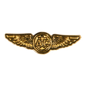 May include: A gold-colored metal pin with a pair of wings and a circular emblem in the center. The emblem has the letters "A.I.C." inside.
