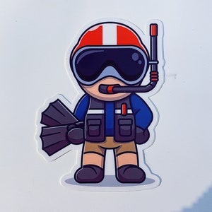 May include: A cartoon illustration of a scuba diver wearing a red and white helmet with a black and white face mask and a blue wetsuit. The diver is holding a pair of black flippers and a red and white snorkel.