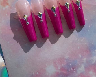 French coffin press On Nails, pink stick on nails, Ready to ship nails, custom size nails, long coffin nails