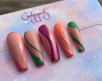 Rainbow Abstract Press On Nails, Multi Coloured luxury press on - shiny long nails - matte swirl coffin nails