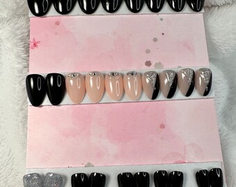 black Press On Nails | nude Glue On nails, x short almond nails, gel nails, handmade nails, FullSet nails, custom nails