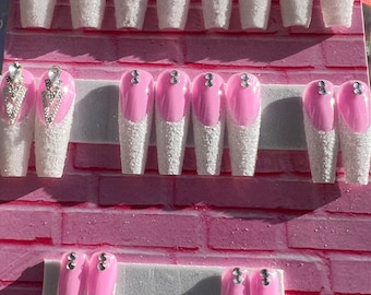 White glitter press on nails, French long coffin nails, birthday nails, pink stick on nails, ready to ship nails