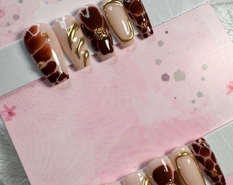 Brown Chrome Press On Nails, Gold Accent Coffin Nails, Medium