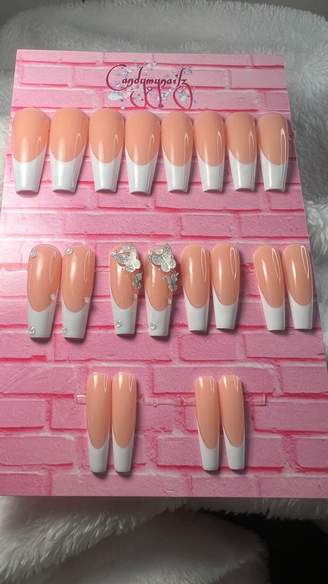 White French Press on Nails, Butterfly Long Coffin Nails, Chrome French