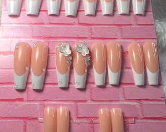 White french press on nails, butterfly long coffin nails, chrome French nails, gel stick on nails, ready to ship nails