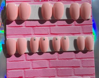 Nude pink press on nails, short stick on nails, almond custom nails, back to school nails