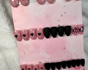 Heart Press On Nails | glitter Glue On Nails | pink Stick On Nails | heart Fake Nails | matte black nails