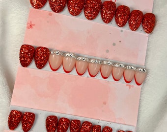 Almond Luxury Press On Nails | red and nude Glue On Nails | red glitter Stick On Nails | xshort Fake Nails | Custom glam Nails