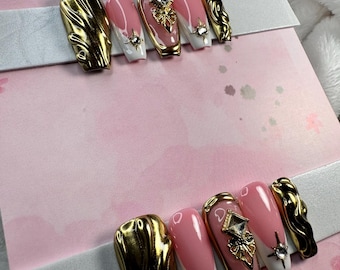 Gold Chrome Press On Nails, 3D Charms, Medium Coffin Gel Nails